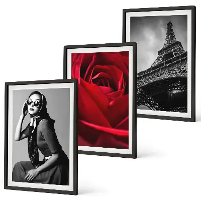 Set de 3 cuadros decorativos para salón diseño Una parisina con gafas Eiffel