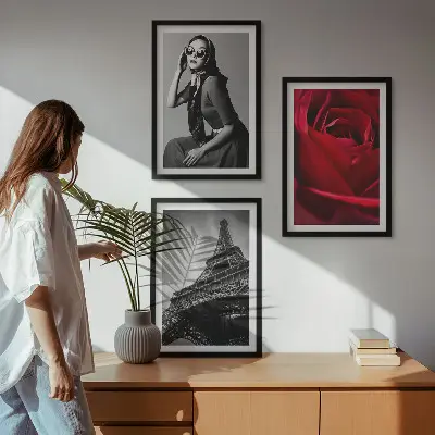 Set de 3 cuadros decorativos para salón diseño Una parisina con gafas Eiffel