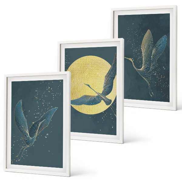 Set de 3 cuadros para salón Grullas en vuelo nocturno