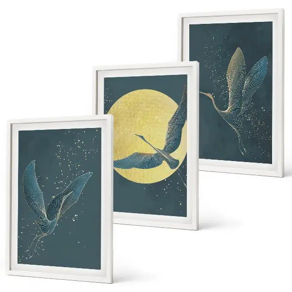 Set de 3 cuadros Grullas en vuelo nocturno para salón