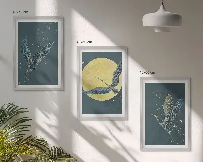 Set de 3 cuadros Grullas en vuelo nocturno para salón