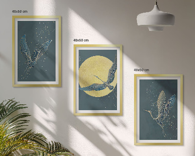 Set de 3 cuadros para salón Grullas en vuelo nocturno