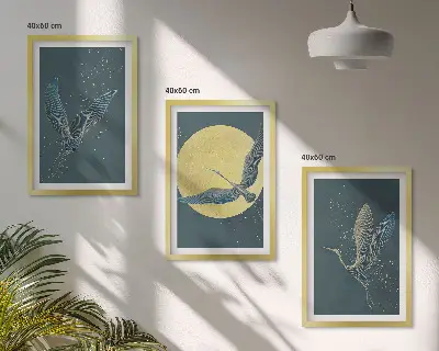 Set de 3 cuadros Grullas en vuelo nocturno para salón