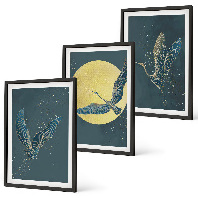 Set de 3 cuadros para salón Grullas en vuelo nocturno