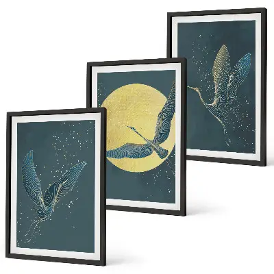 Set de 3 cuadros Grullas en vuelo nocturno para salón