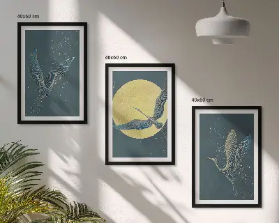 Set de 3 cuadros Grullas en vuelo nocturno para salón