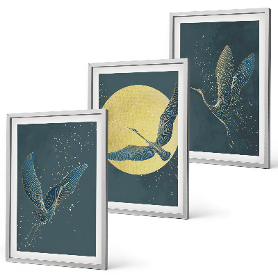 Set de 3 cuadros para salón Grullas en vuelo nocturno