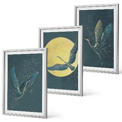 Set de 3 cuadros Grullas en vuelo nocturno para salón