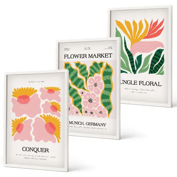 Juego de 3 cuadros con diseño moderno de flores y hojas