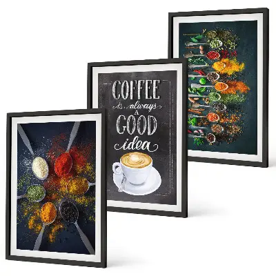 Set de 3 cuadros decorativos para salón con motivos de especias, café, hierbas y patrones