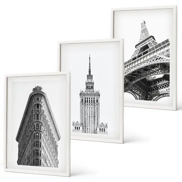 Set de 3 cuadros para salón con diseño de edificios arquitectónicos en blanco y negro