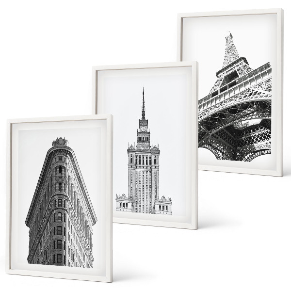 Set de 3 cuadros para salón Edificios arquitectónicos en blanco y negro
