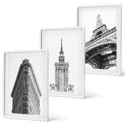 Set de 3 cuadros para salón con diseño de edificios arquitectónicos en blanco y negro