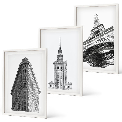Set de 3 cuadros para salón Edificios arquitectónicos en blanco y negro