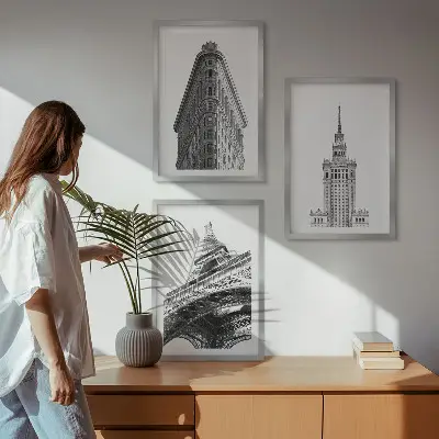 Set de 3 cuadros para salón con diseño de edificios arquitectónicos en blanco y negro