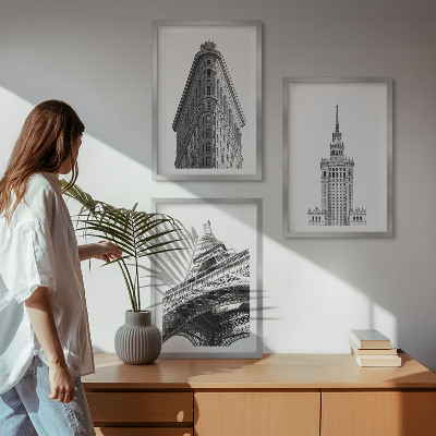 Set de 3 cuadros para salón Edificios arquitectónicos en blanco y negro