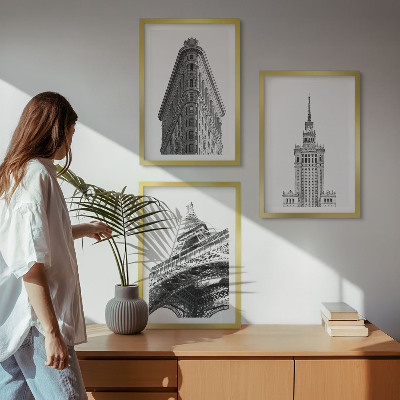 Set de 3 cuadros para salón Edificios arquitectónicos en blanco y negro