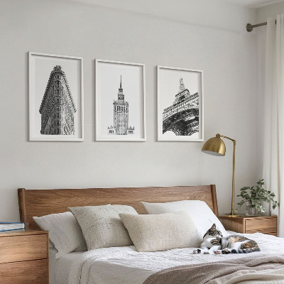 Set de 3 cuadros para salón Edificios arquitectónicos en blanco y negro