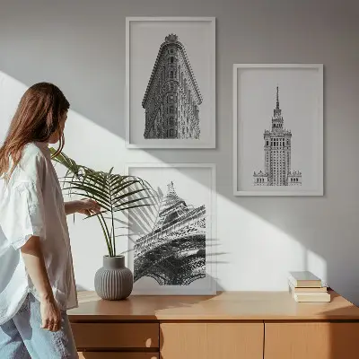 Set de 3 cuadros para salón con diseño de edificios arquitectónicos en blanco y negro