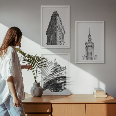 Set de 3 cuadros para salón Edificios arquitectónicos en blanco y negro