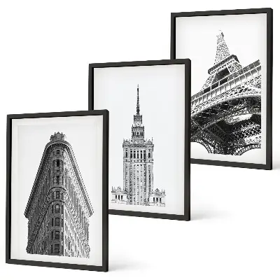 Set de 3 cuadros para salón con diseño de edificios arquitectónicos en blanco y negro