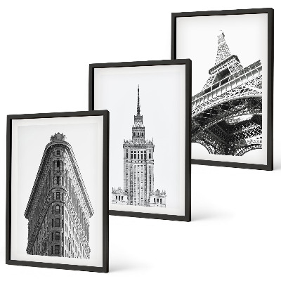 Set de 3 cuadros para salón Edificios arquitectónicos en blanco y negro