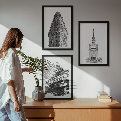 Set de 3 cuadros para salón Edificios arquitectónicos en blanco y negro