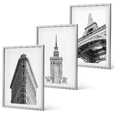 Set de 3 cuadros para salón con diseño de edificios arquitectónicos en blanco y negro