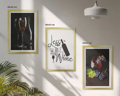 Set de 3 cuadros para salón con diseño de copas de vino con uvas e inscripción