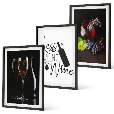 Set de 3 cuadros para salón con diseño de copas de vino con uvas e inscripción