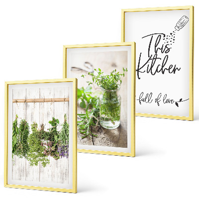 Set de 3 cuadros para salón Tema de cocina: hierbas secas