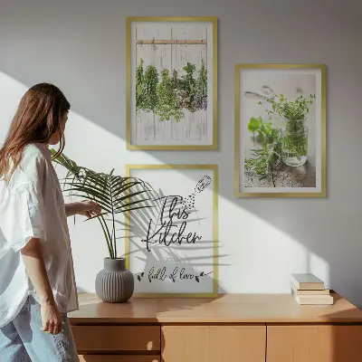 Set de 3 cuadros para salón con diseño de hierbas secas para cocina