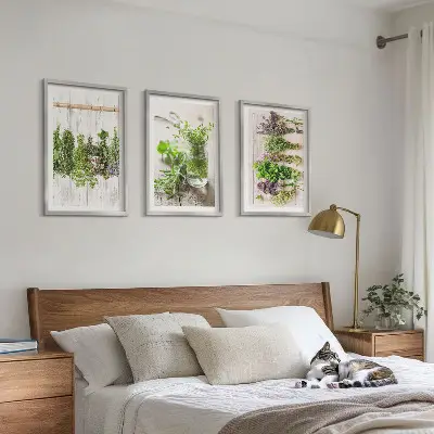 Set de 3 cuadros para salón con diseño de plantas aromáticas para la cocina