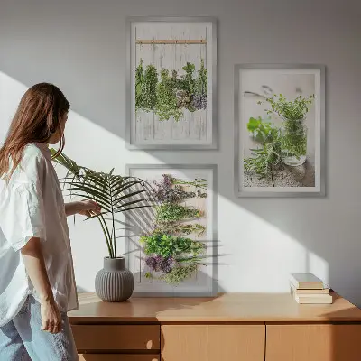 Set de 3 cuadros para salón con diseño de plantas aromáticas para la cocina