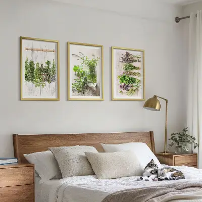 Set de 3 cuadros para salón con diseño de plantas aromáticas para la cocina
