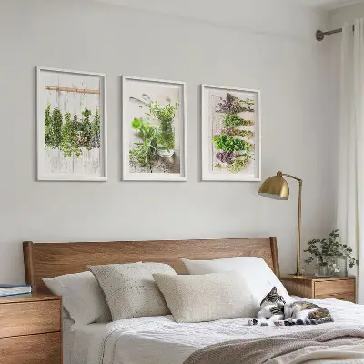 Set de 3 cuadros para salón con diseño de plantas aromáticas para la cocina