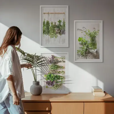 Set de 3 cuadros para salón con diseño de plantas aromáticas para la cocina