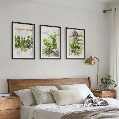 Set de 3 cuadros para salón con diseño de plantas aromáticas para la cocina