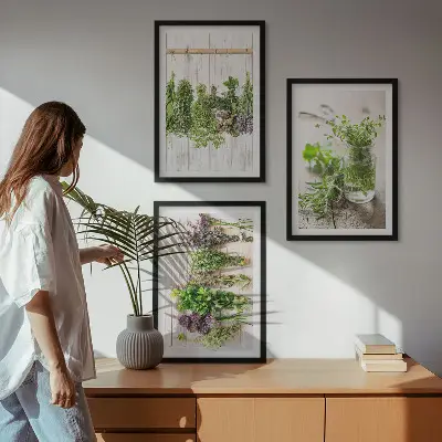 Set de 3 cuadros para salón con diseño de plantas aromáticas para la cocina