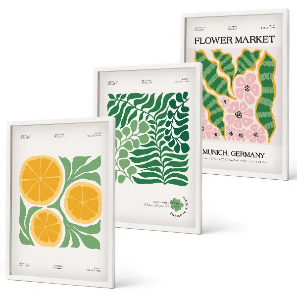 Juego de 3 cuadros con motivos de frutas y plantas en tonos pastel