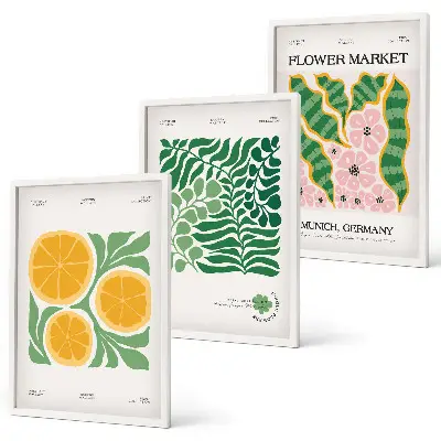 Juego de 3 cuadros con motivos de frutas y plantas en tonos pastel