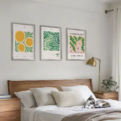 Juego de 3 cuadros con motivos de frutas y plantas en tonos pastel