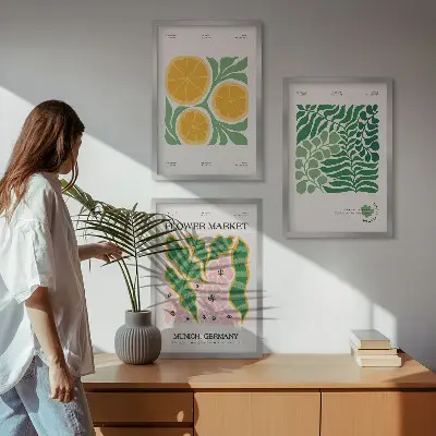 Juego de 3 cuadros con motivos de frutas y plantas en tonos pastel