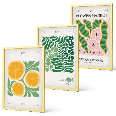 Juego de 3 cuadros con motivos de frutas y plantas en tonos pastel