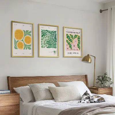 Juego de 3 cuadros con motivos de frutas y plantas en tonos pastel
