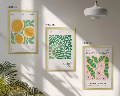 Juego de 3 cuadros con motivos de frutas y plantas en tonos pastel