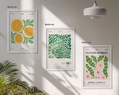 Juego de 3 cuadros con motivos de frutas y plantas en tonos pastel