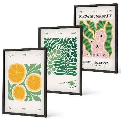 Juego de 3 cuadros con motivos de frutas y plantas en tonos pastel