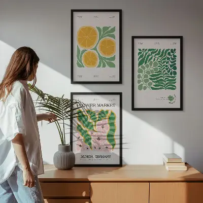 Juego de 3 cuadros con motivos de frutas y plantas en tonos pastel
