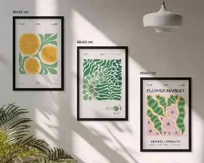 Juego de 3 cuadros con motivos de frutas y plantas en tonos pastel